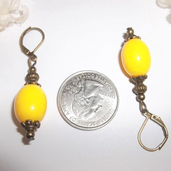 Yellow & Bronze Boho Style Beaded Earrings Dangle and Drop Lever Back Set 5722 - Picture 3 of 6